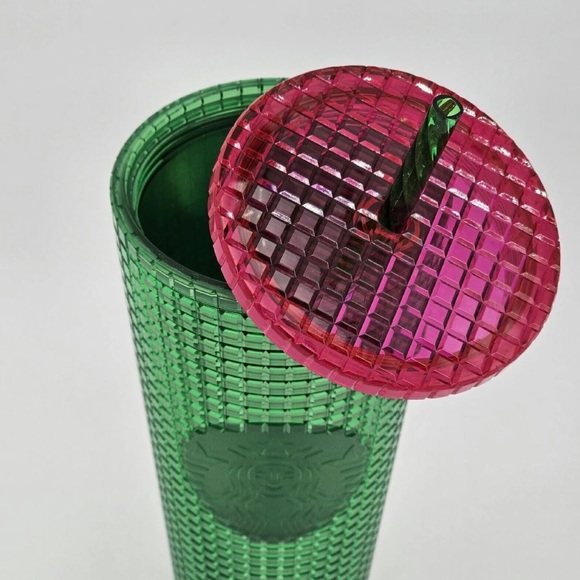 Starbucks Green & Pink Grid Cup Watermelon Iridescent Tumbler Venti 24oz New - Picture 4 of 16